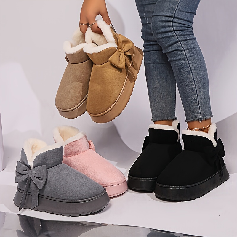 

1 Pair Women's Winter Bow-knot Decorated Indoor Slippers, Casual Solid Color, Thickened Soft Sole, Non-slip, Plush Lined, Thickened , Fabric Upper, Eva Sole, Hand Washable