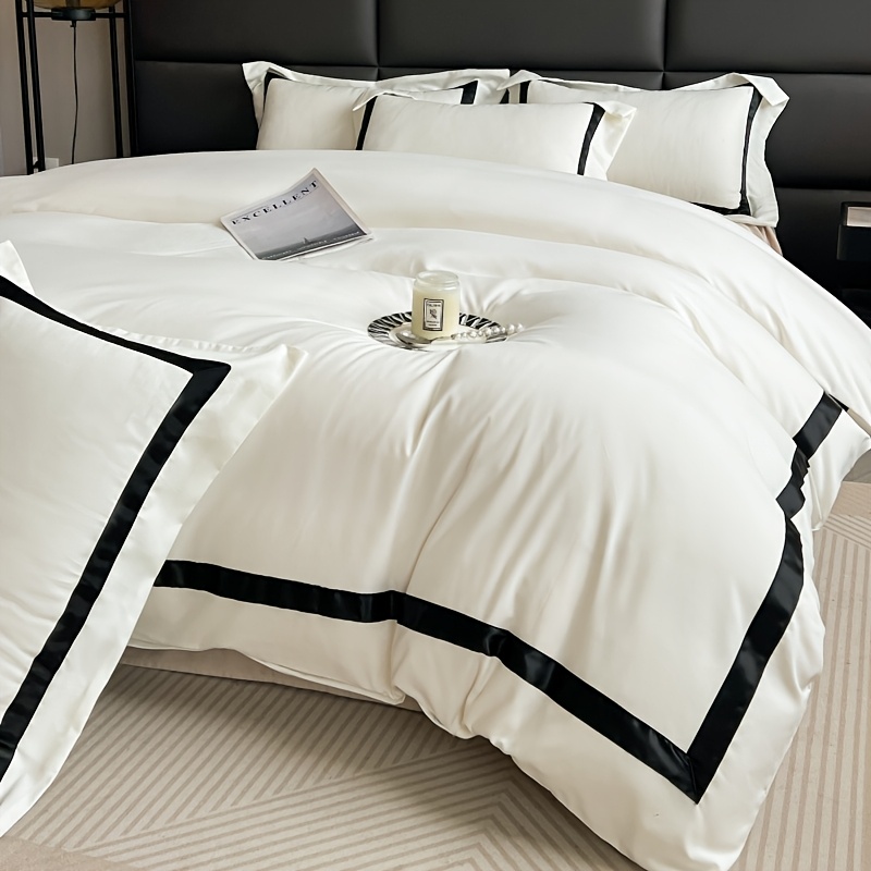 4pcs Elegant Black & White Quilted Bedding Set - Soft Polyester, Machine Washable, Zip Closure, All-Season Comfort, Perfect Gift for Luxury Home Decor, Machine Washable Comfort|Minimalist Aesthetic|Zippered Comforter