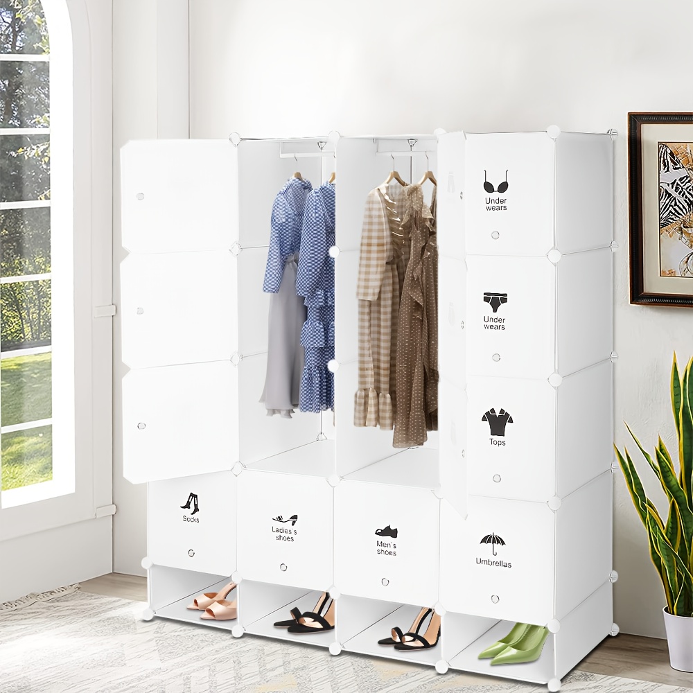 20-compartment Wardrobe With Doors, Portable Wardrobe Storage Rack, Made Of Pp Plastic, - Storage Cabinet, With 2 Hanging Rods, Suitable For Bedrooms And Bathrooms., Portable Closets