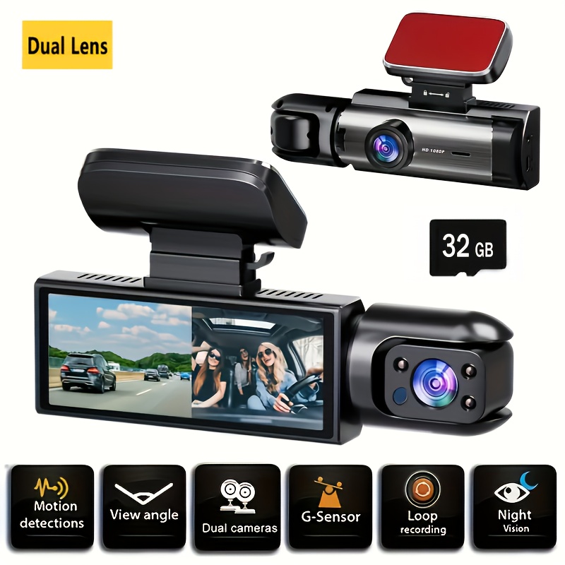 Front and Interior Dash Camera, 3.16-inch Dash Cam with 1080P Resolution, G-Sensor for HD Night Vision and Loop Recording, Wide-Angle Car DVR