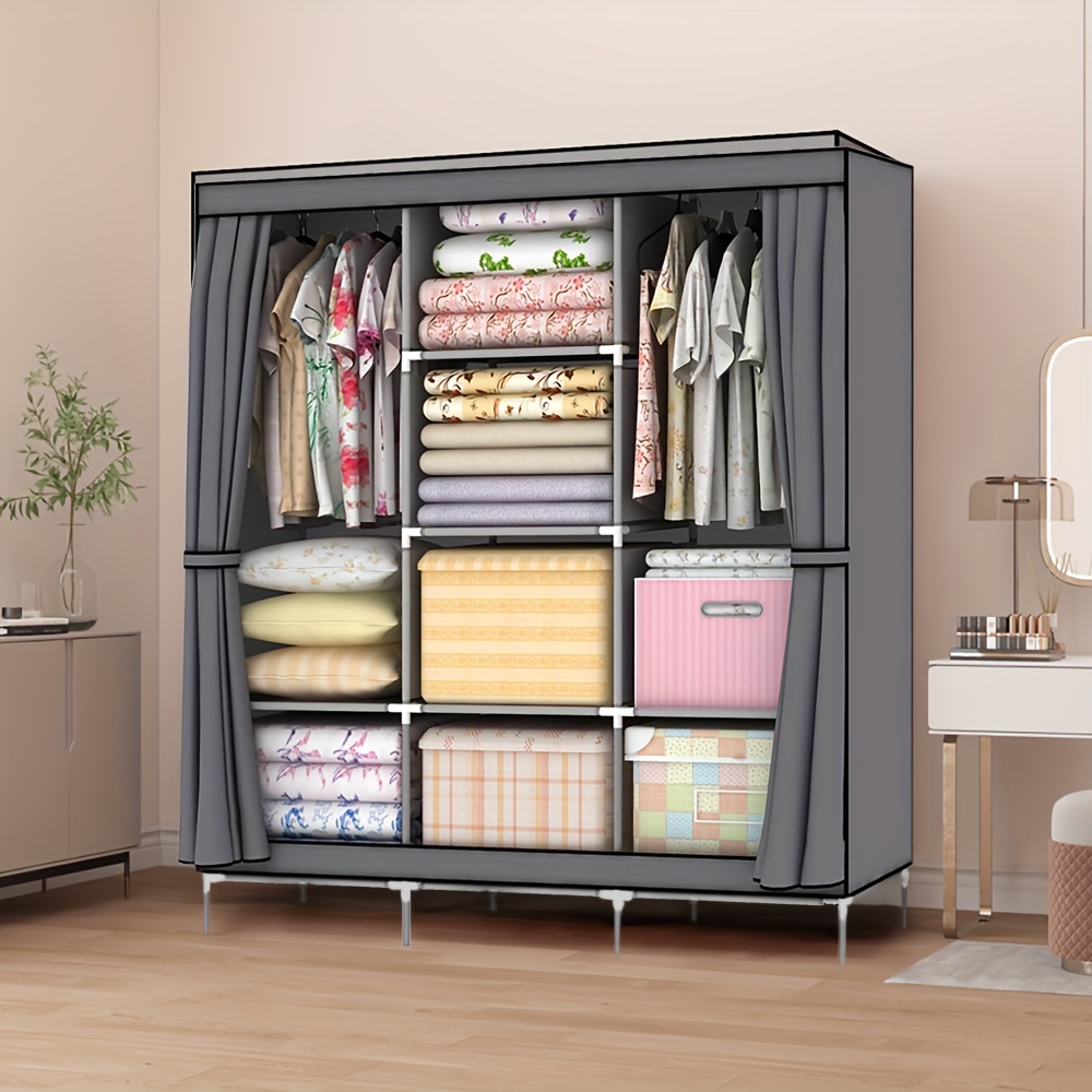 

Portable Clothes Closet Wardrobe Storage Organizer With Non-woven Fabric Quick And Easy To Assemble Extra Strong And Durable Gray