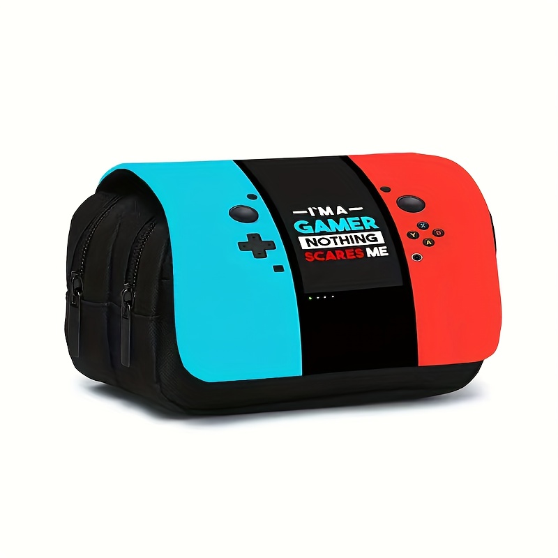 1pc Game Console Theme Black Double-layer Flip Pencil Case, Dual Compartment Stationery Bag