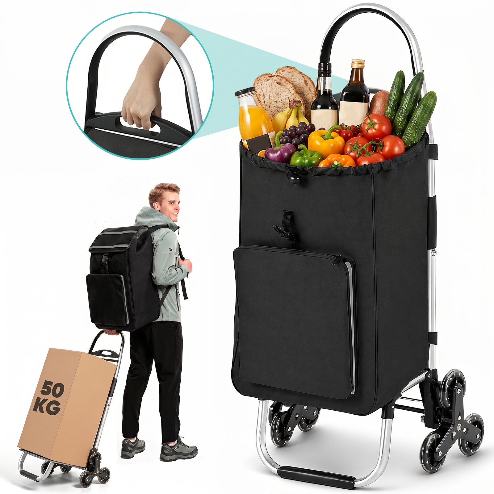TEMU Chariot de courses pliable XL pour escalier, chariot de courses 4-en-1 avec 6 roues pliables (Chariot de courses, , Sac à dos & Porte-sac à
