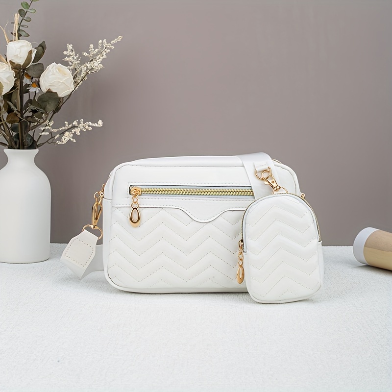 Image of Casual Minimalist Shoulder Square Bag, With Mini Hanging Purse, Quilted Pattern Crossbody Bag For Women