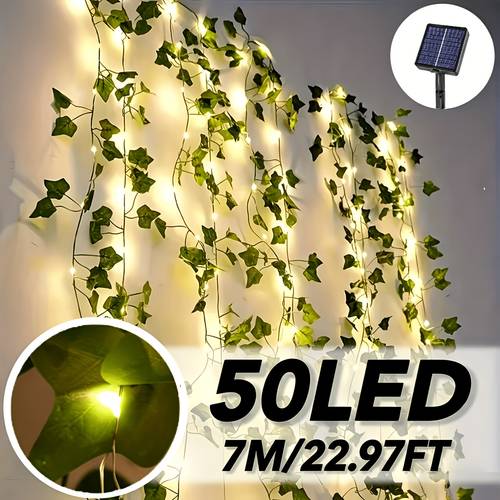 solar powered ivy string lights 50 100 led beads realistic leaves 8 flashing warm light suitable for courtyards gardens fences button control non removable photovoltaic module