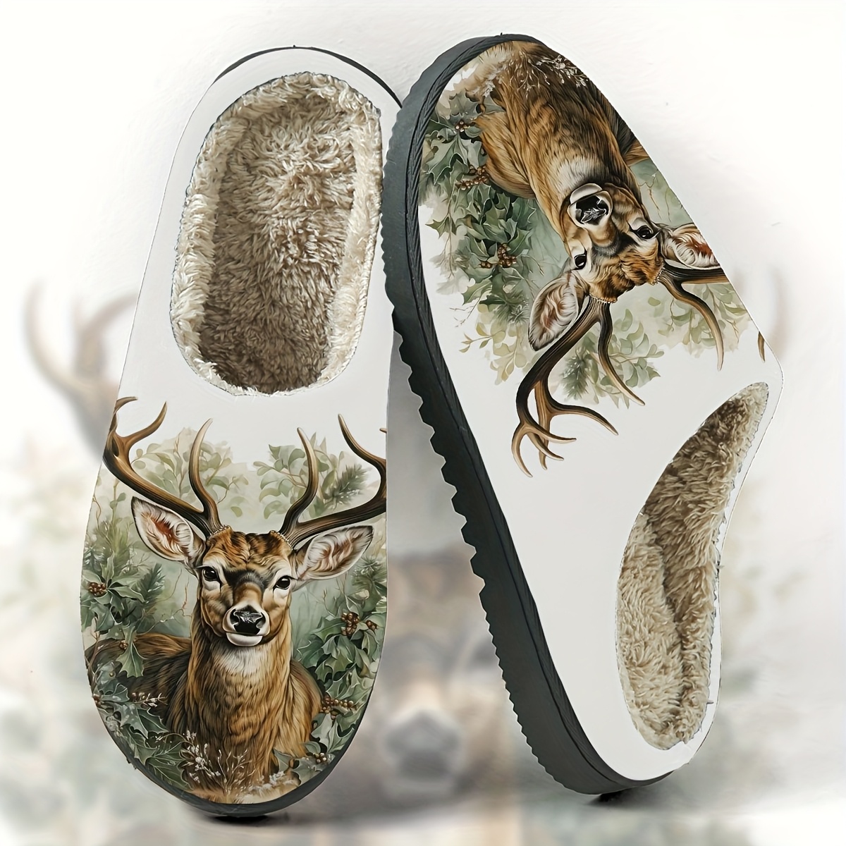 Style Reindeer And Greenery Print Fleece Slippers, Animal Theme Comfortable Non-slip Slides | Gift For Halloween, Christmas
