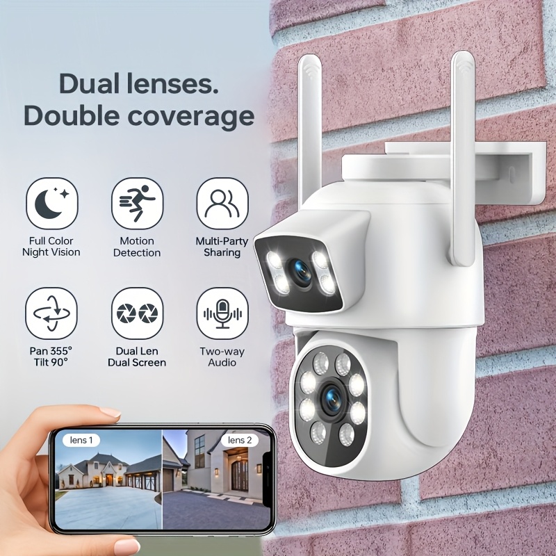 Външна WiFi охранителна камера с два обектива, безжична CCTV с 2.4/5Ghz, включваща AI проследяване на хора, цветно нощно виждане, двупосочно аудио, въртене на хоризонт и вертикал, управление чрез приложение и USB захранване - TF карта не е включена