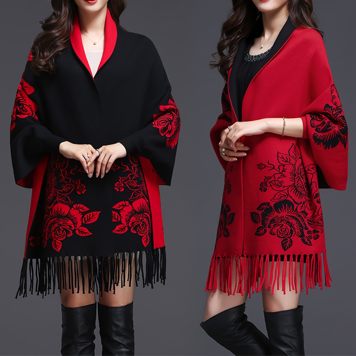 

Elegant Floral Jacquard Polyester Shawl Wrap - 1pc, Women's Warm Cape Cloak With Tassels, Scarf For Casual Weekend Wear, Decorative & Windproof, Hand Wash/ Only