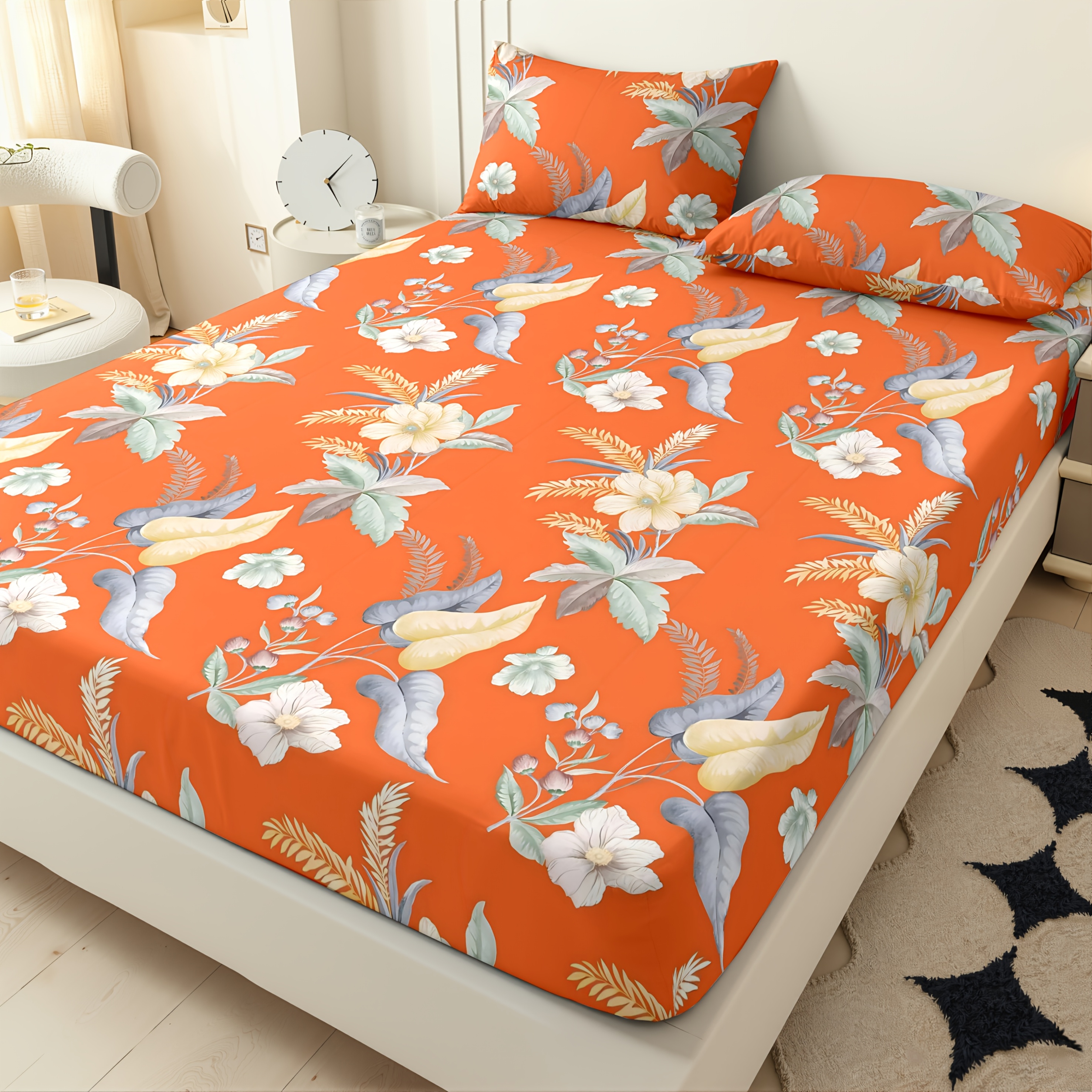 3pcs 100% Polyester Botanical Floral Fitted Sheet Set. Brushed Print. Suitable for Bedrooms, Guest Rooms, Dormitories. Soft and Comfortable. Does Not Shrink or Fade. Skin-Friendly, Soft, and Comfortable Fitted Sheet Bedding. Includes One Fitted Sheet
