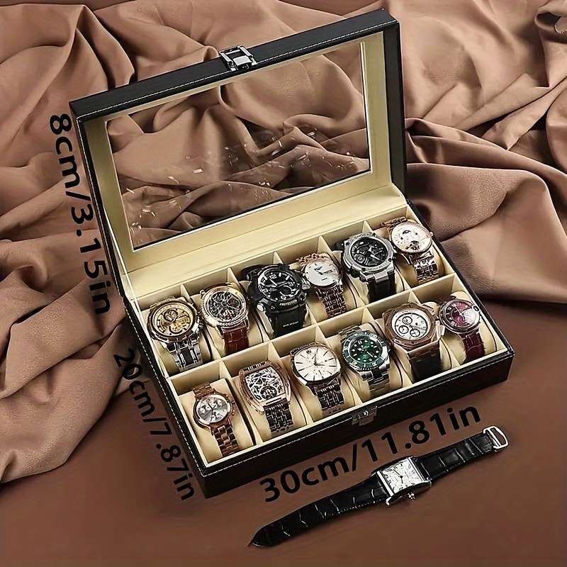 

1pc 2/6/12-slot Slot Black Pu Leather Watch Box, Multi-functional Display Lock Packaging Box, Men's And Women's Watch Box, Jewelry Box, Ideal Choice For Gift Giving