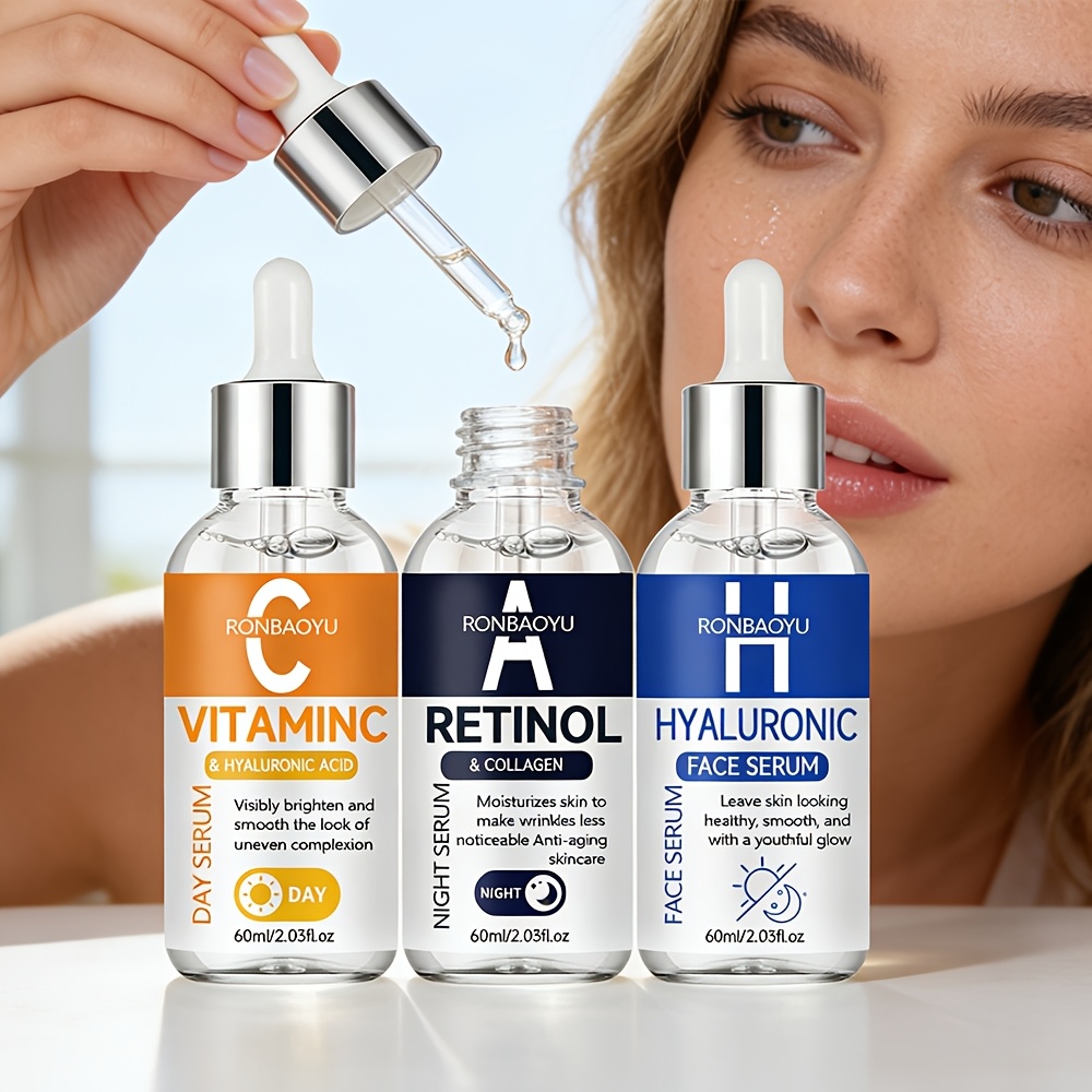 RONBAOYU Set Triplu Seruri 3 Bucăți cu Vitamina C, Retinol, Acid Hialuronic, Colagen, Acid Tranexamic, Niacinamidă și Glutation, pentru Luminozitate, Fermitate, Hidratare Profundă, pentru Toate Tipurile de Piele, Utilizare Zi și Noapte, Esențial pentru Călătorii
