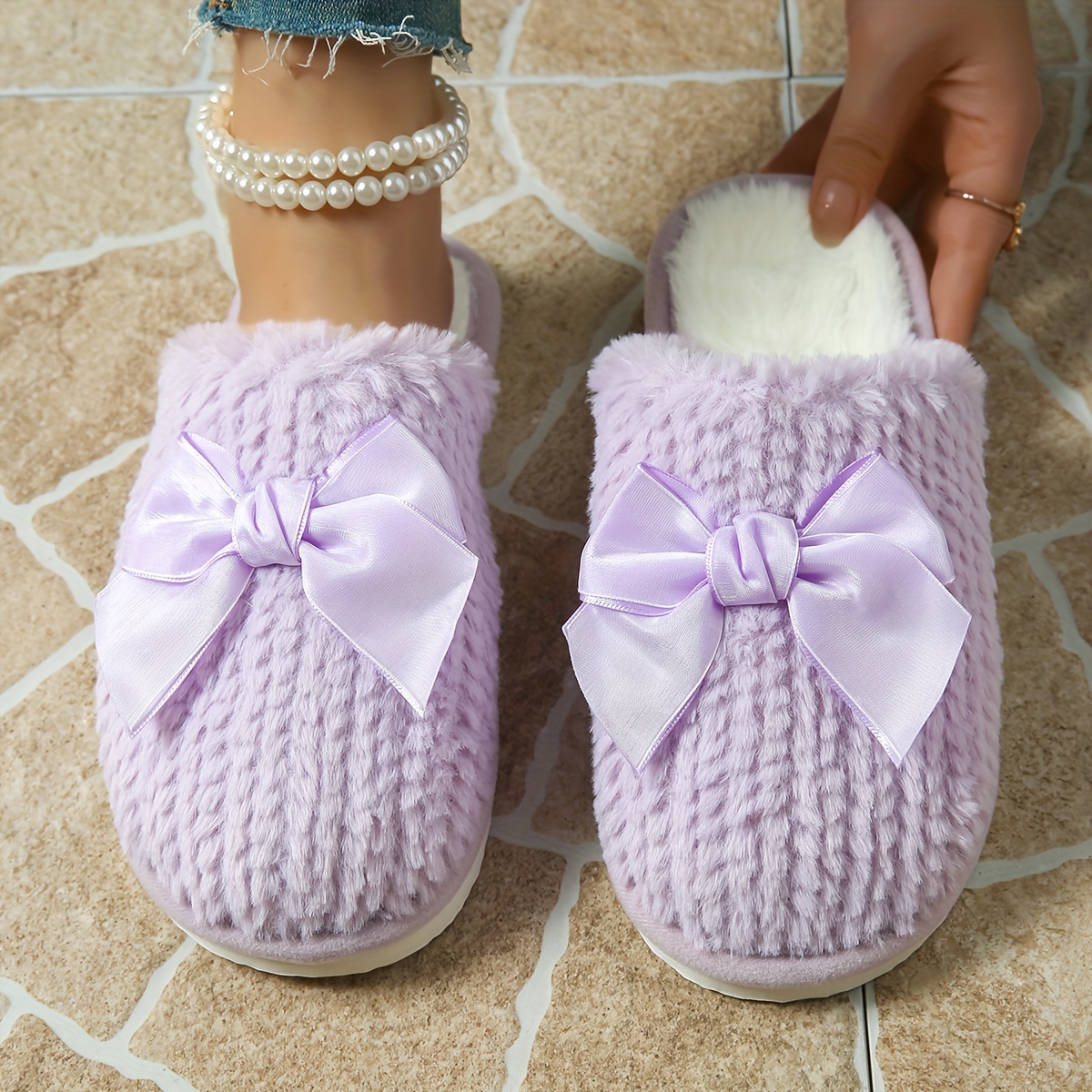 

1 Women' Slippers Bowknot, Fleece-lined Slides, Pattern, & Lining, Eva , Fluffy Footwear