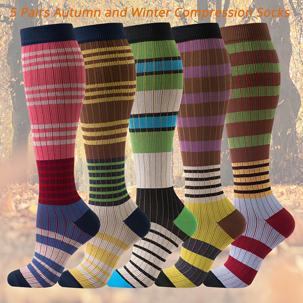 TEMU 5 Pairs Autumn And Winter Compression Socks For Support Cycling Dancing Yoga Of Knee High Compression Stockings
