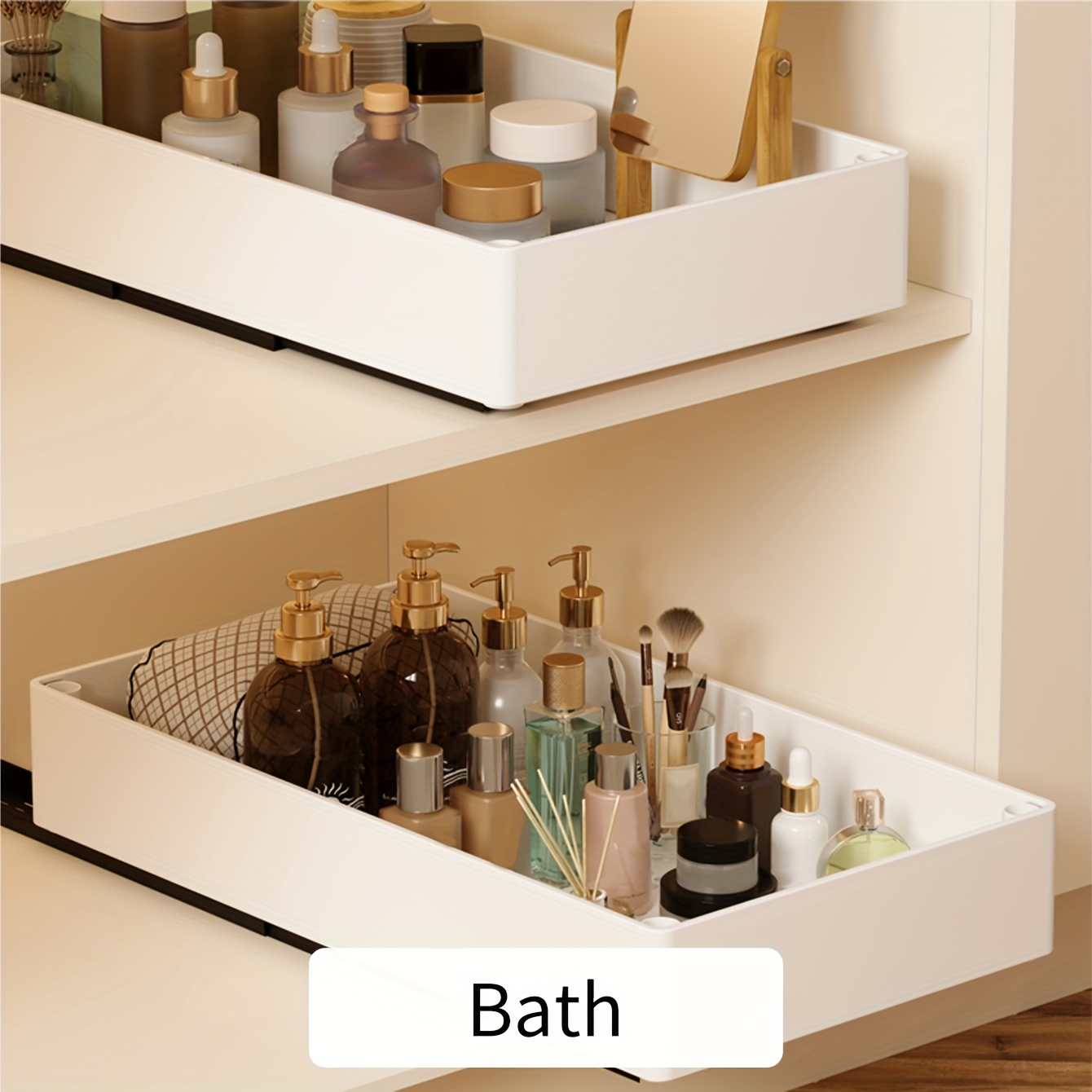 

2pcs Pull-out Type Cabinet Organizer, Cosmetic Organizer, No-punch Cabinet Organizer, Home Organizers And Storage Racks, Bathroom Shelves, Bathroom Accessories, Bathroom, Pantry, Cabinets