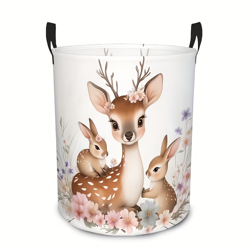 TEMU 1pc Forest Deer Parent Foldable Dirty Clothes Basket, Round Dirty Clothes Basket Suitable For Bathroom And Bedroom, Storage Basket Used For