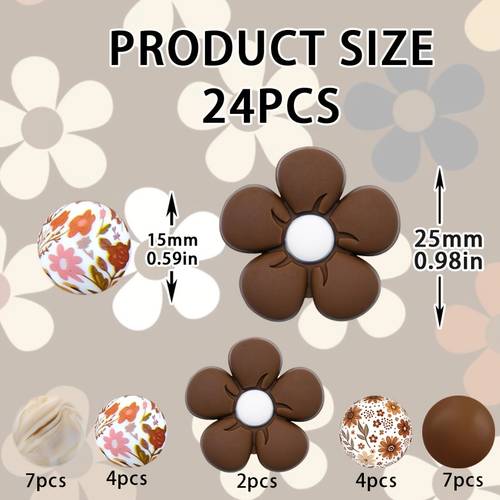 24pcs 15mm bulk beads 3d brown flower shape beads autumn leaf petal print round beads bracelets lanyards pen additions jewelry making bead set halloween christmas fall garden gift craft supplies