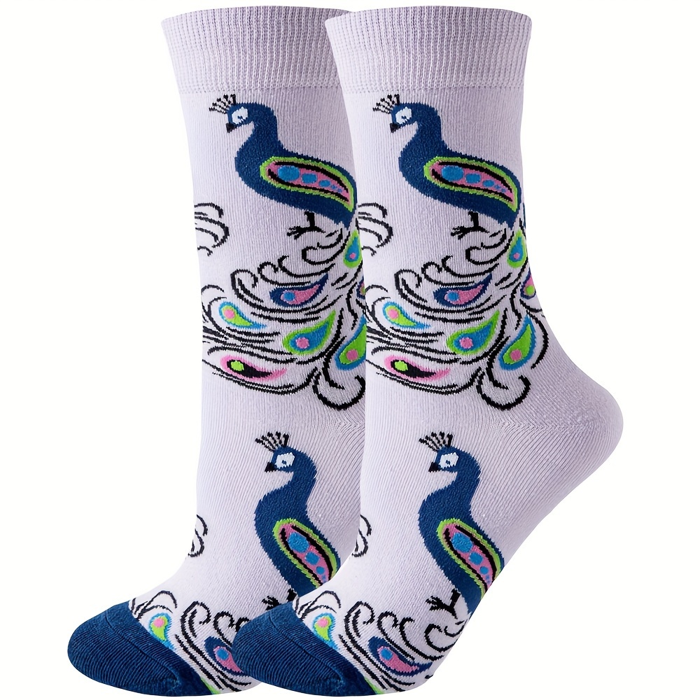 

1 Pair Purple Peacock Pattern Socks, Comfy & Breathable Animal Mid Tube Socks, Women's Stockings & Hosiery