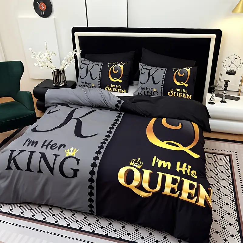 king queen crown themed duvet cover set 3pcs polyester bedding set with 1 comforter cover 2 pillow shams machine washable breathable fabric cozy bedroom accessory christmas present details 1
