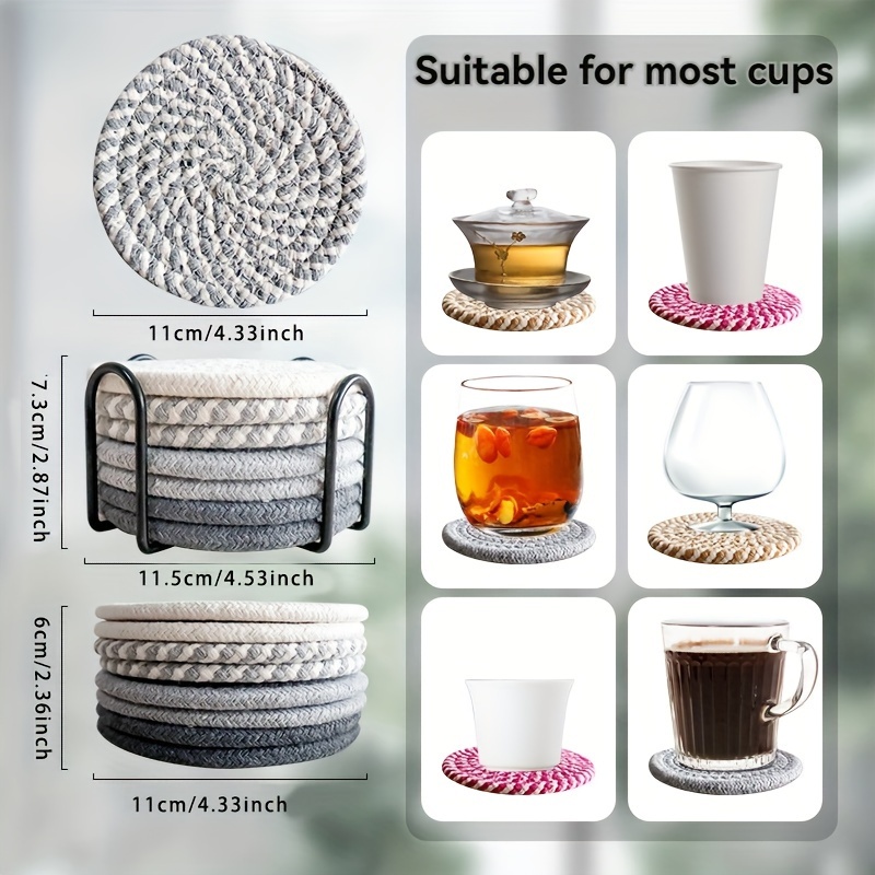 

1 Set Of 8-pack Coasters, Cotton Rope Woven Round Thickened Placemats, Kitchen Table Heat Insulation Mats With Storage Rack, 3 Sets Available, Diameter 11cm/4.33inch