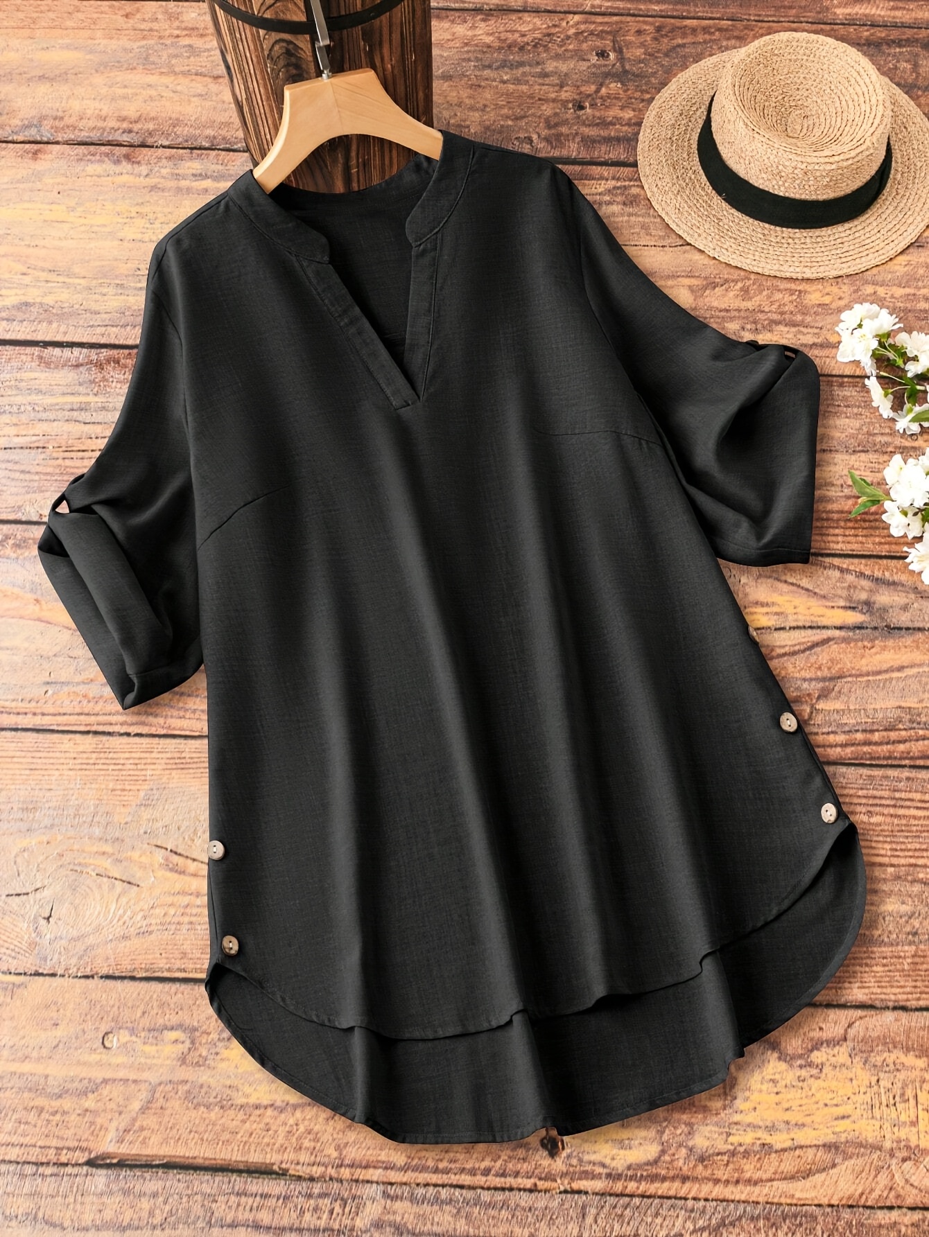 Plus Size Casual V-Neck Sleeveless Blouse with Fake Buttons - Beige, Asymmetrical Hem, Long-Sleeve, Non-Stretch Fabric, Perfect for Spring/Summer, Casual Attire|Vneck Blouse|Asymmetrical Hemline, Plus Size Shirts