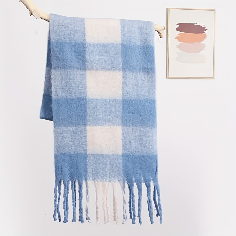 1pc of Blue and White Checkered Warm Scarf, Soft with Tassel Double-sided Decoration, Suitable for Autumn and Winter Outings, Travel, Multi-functional Fashion