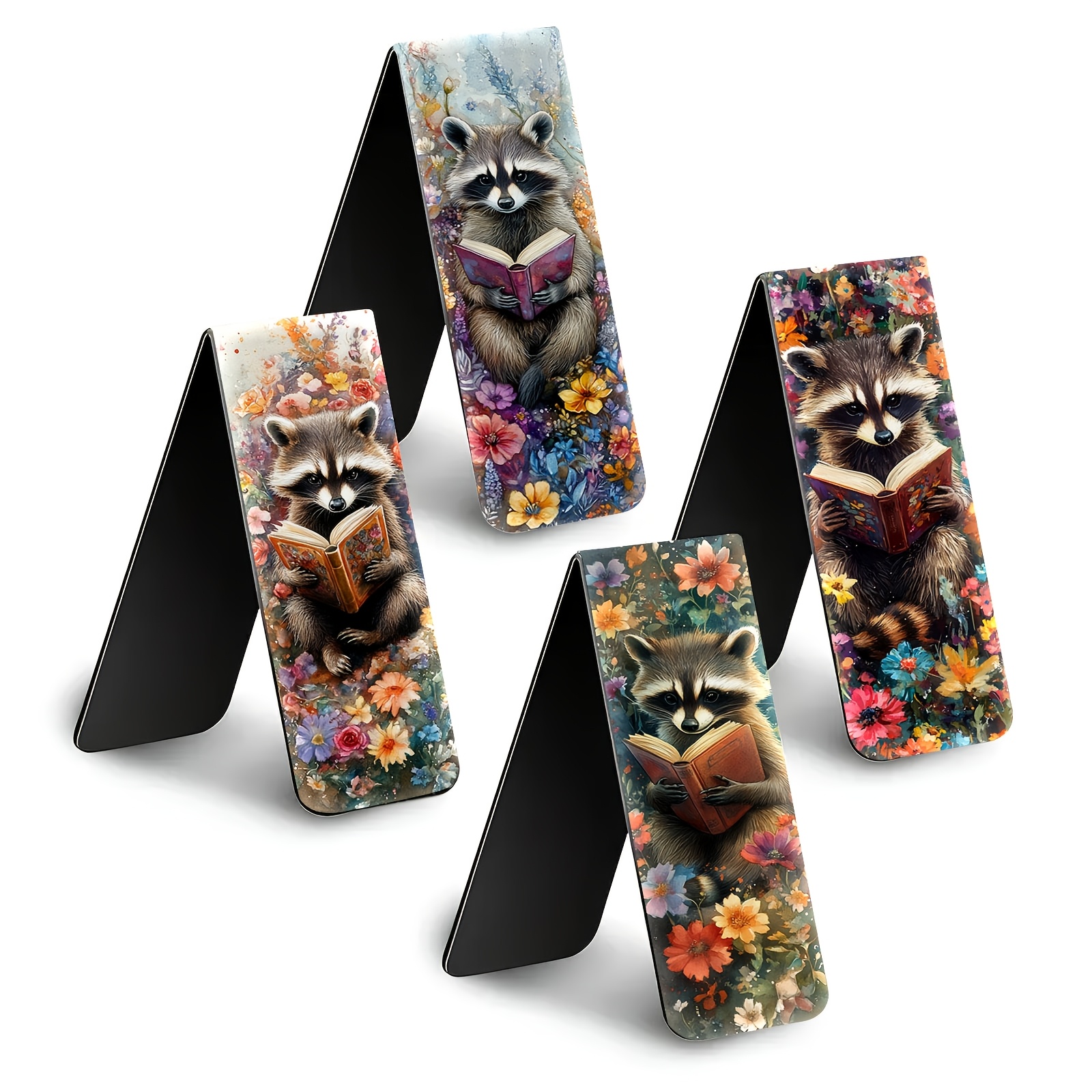 Image of 4pcs Magnetic Bookmarks | Foldable Page Markers | Magnetic Book Clips For Books, Journals, Planners | Cute Reading Raccoon | Reading Additions | Book Lovers Gift Stationery