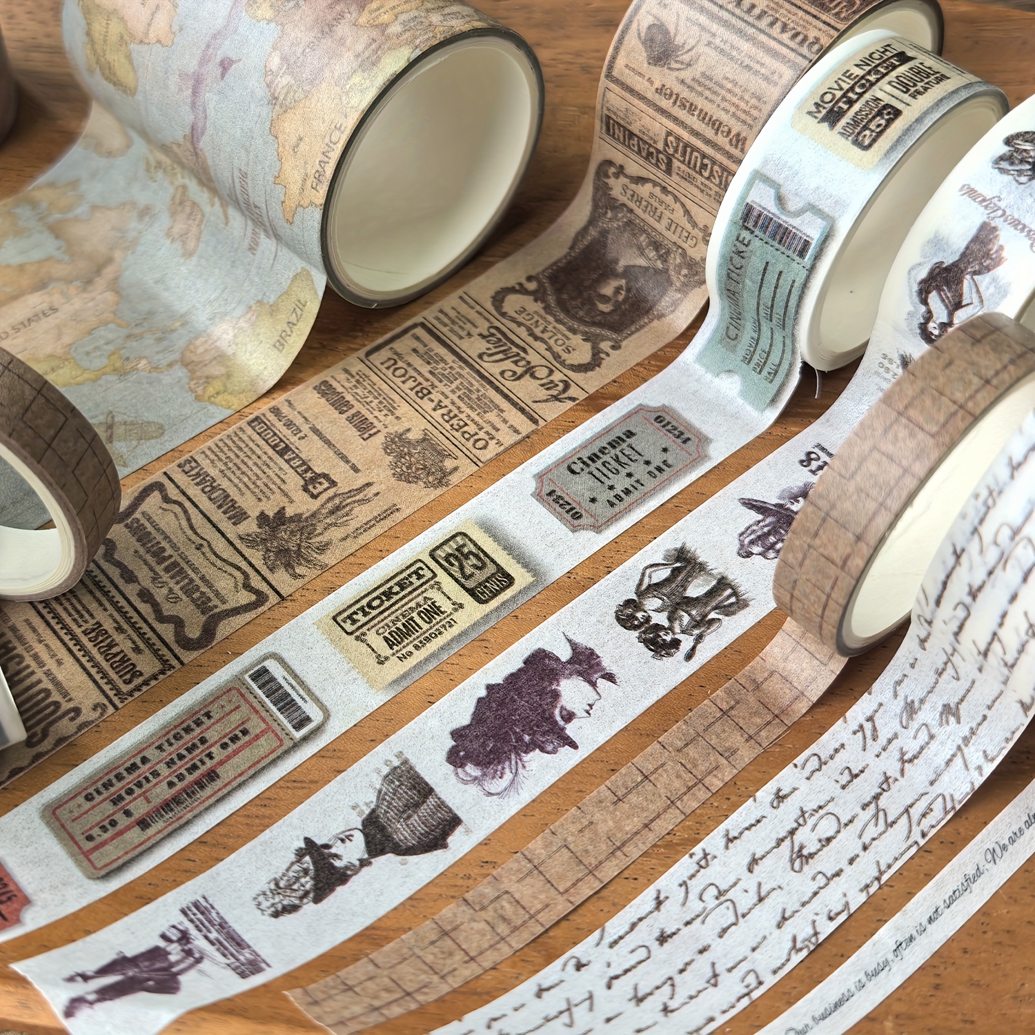 Of 7 Rolls Of Retro English Vintage Train Ticket Character Map Decoration Collage Material Washi Tape