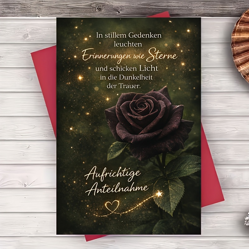 1 Envelope And 1 Greeting Card Sympathy Card Elegant Black Rose With Golden Stars For Condolences Bereavement Support For Note Greeting Card