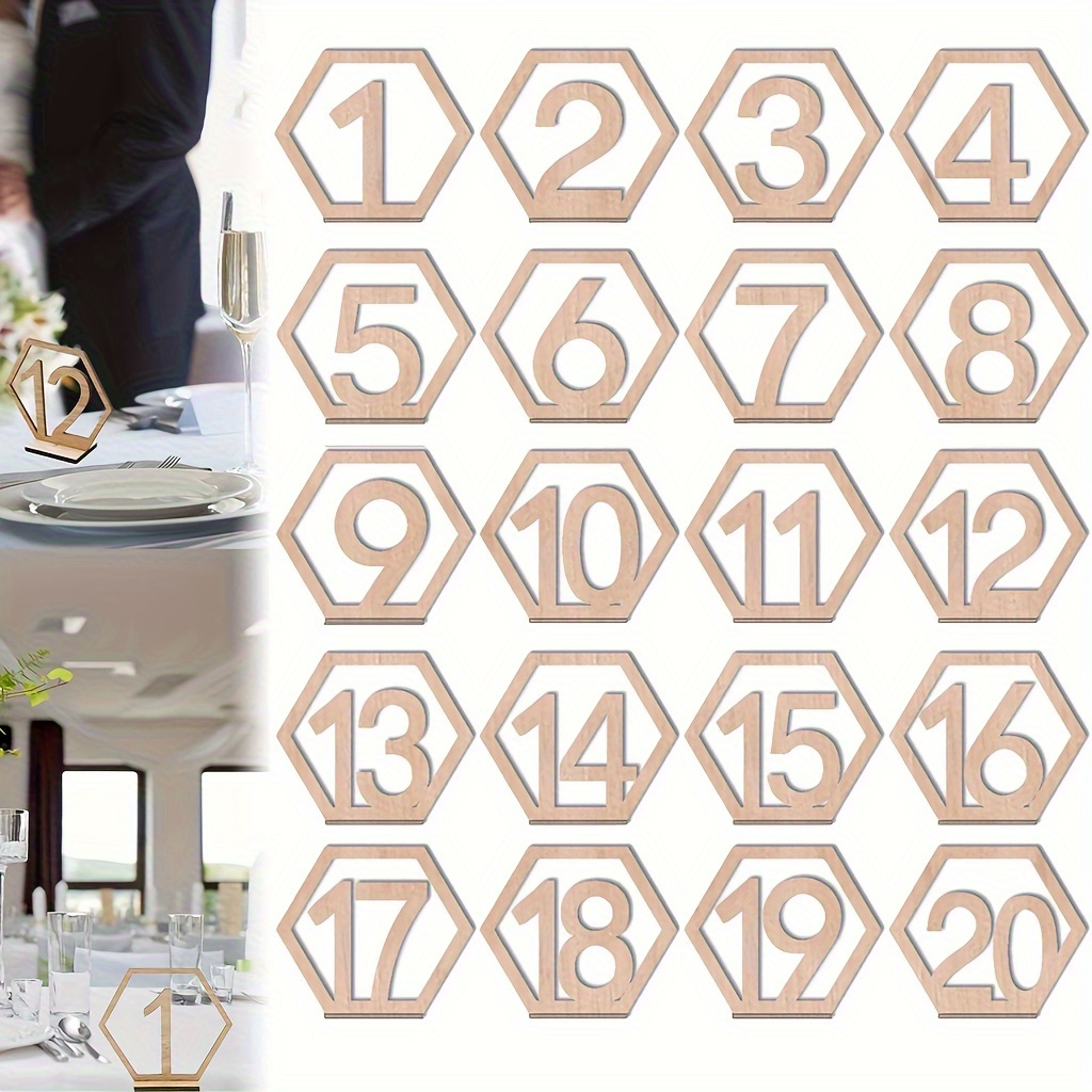 

10pcs/20pcs Wooden Table Numbers, 1-20 Hexagonal Wood Table Numbers With Base For Wedding, Party, Events Or Catering Table Decoration