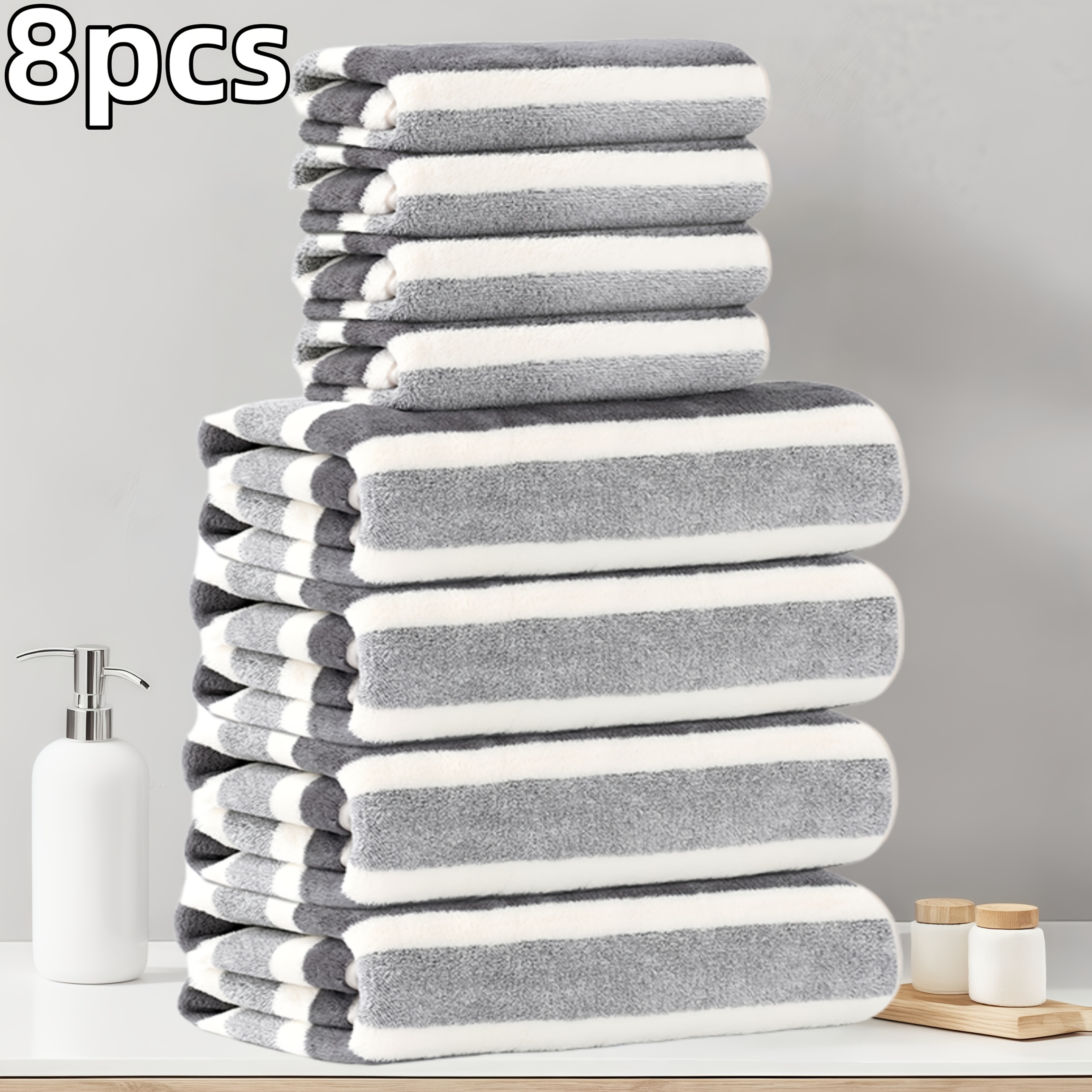 8pcs Set, 4 Towels, 4 Bath Towels, Coral Fleece, Wide Stripes, Thickened, Absorbent Combination