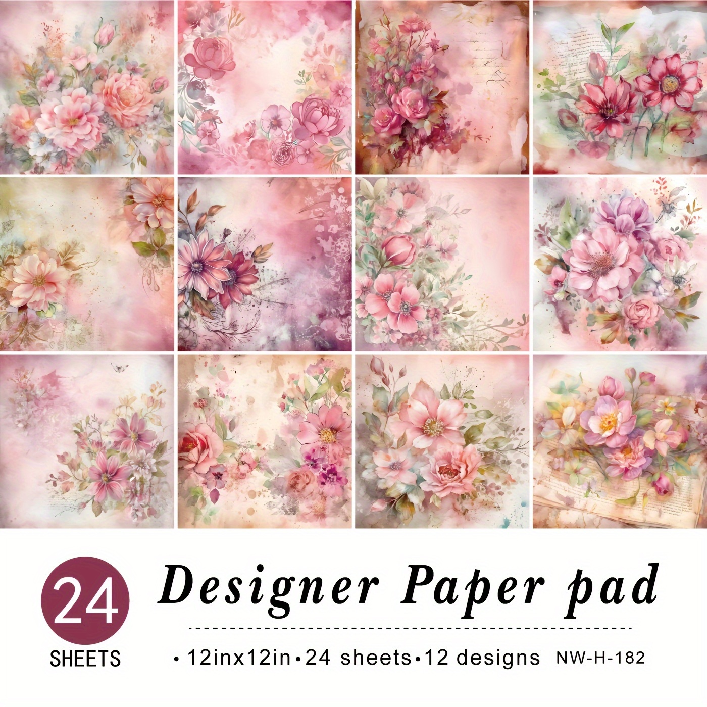 

24 Sheets 12"x12" Diy Paper, Pink Floral Retro Valentine's Day Scrapbooking Supplies Kit Aesthetic Decorative Gift Wrapping Album Planner Decorative Paper Craft Supplies, Multifunctional Paper