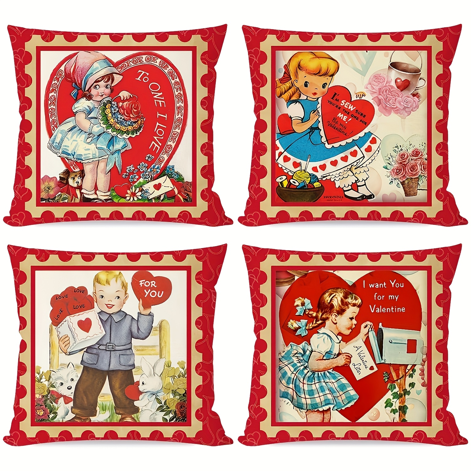 

4pcs Vintage Valentine's Day Pillow Covers, 18x18 Inch - Red Design For Farmhouse Anniversary & Wedding Decor, Zippered Polyester Outdoor Sofa Cushion Covers, Polyester, Sofa Cushion Covers