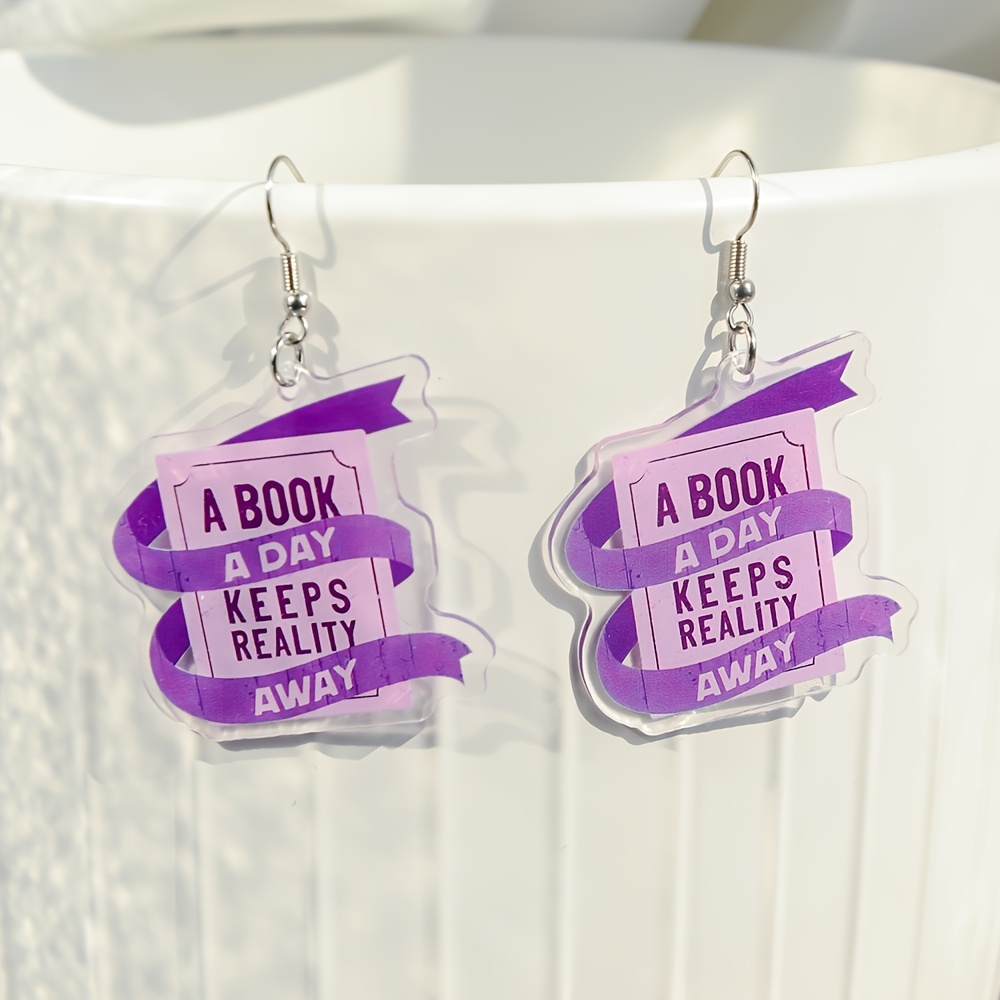 TEMU Acrylic Book Drop Earrings With Inspirational Quote - "a Book A Day Reality Away" Design, Stainless Steel Posts, Perfect Gift For Teachers, Book Lovers, Birthdays & Holidays,