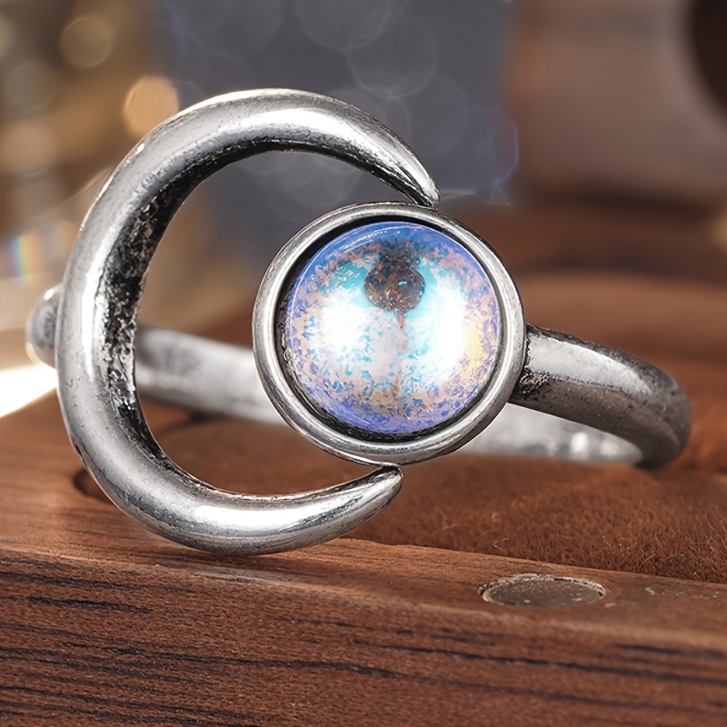 Vintage Bohemian Adjustable Crescent Moon Ring with Moonstone Inlay