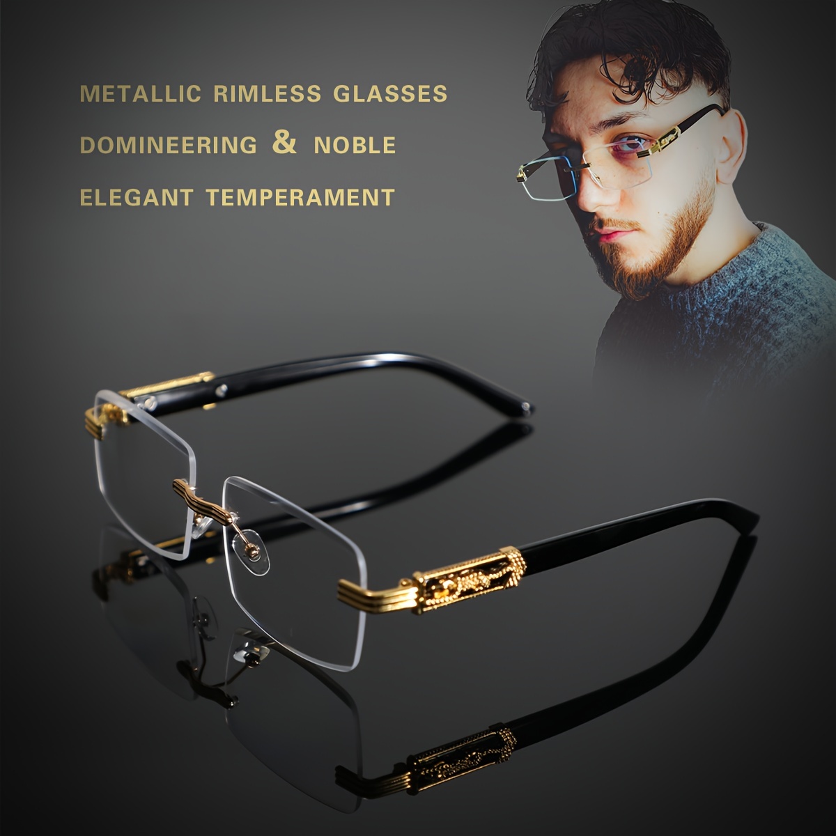 

1 Pair Of Elegant Men's Rimless Blue Light Blocking Glasses - Sleek Black With Golden-tone Accents, Zinc Alloy Frame, Ideal For Business, Home, Vacation & College Wear, Stylish Glasses