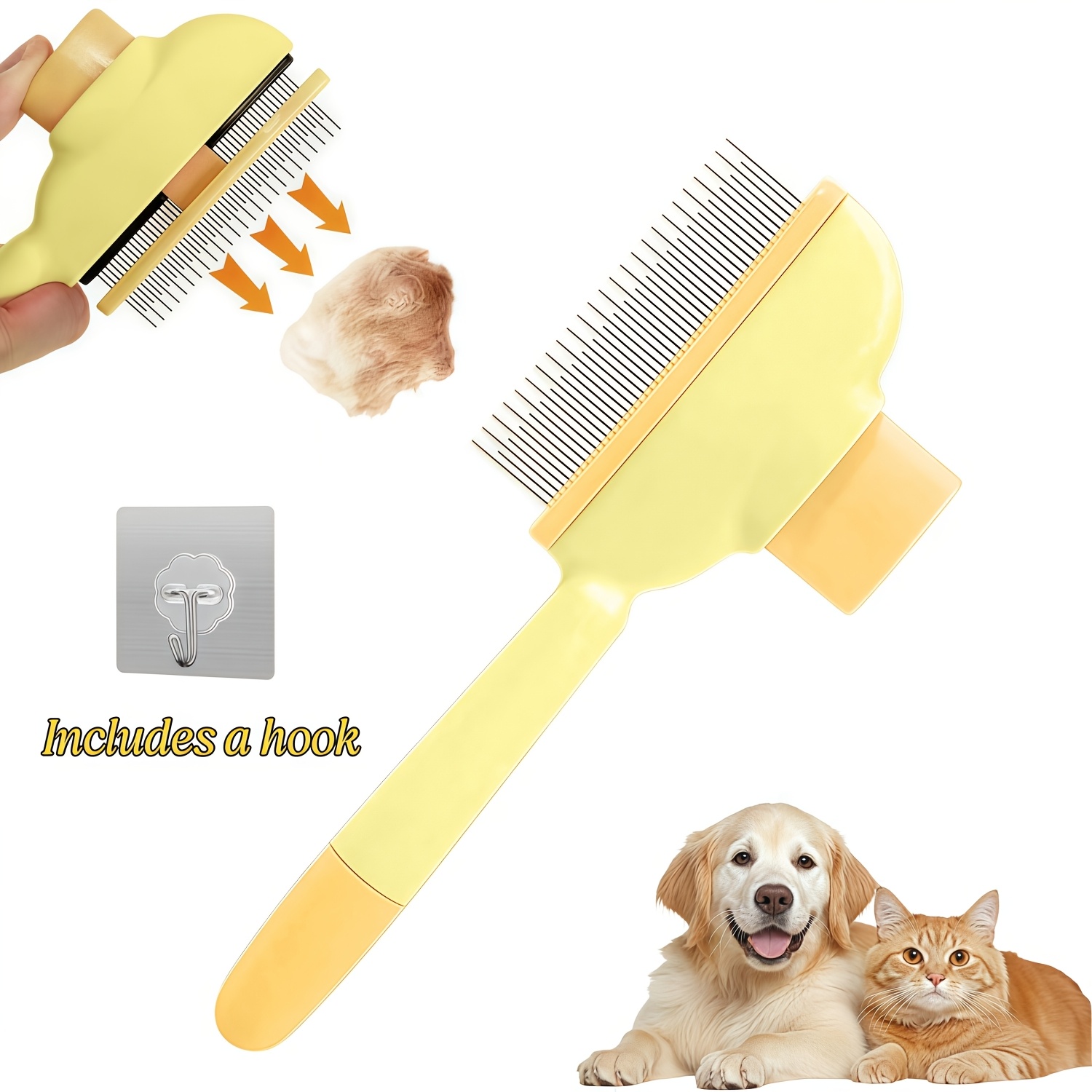 TEMU 1pc Self-cleaning Pet Hair Removal Comb - Includes A Hook, Cat And Dog Grooming Comb, Stainless Steel Long And Short Pin Cat Hair Comb, Easily