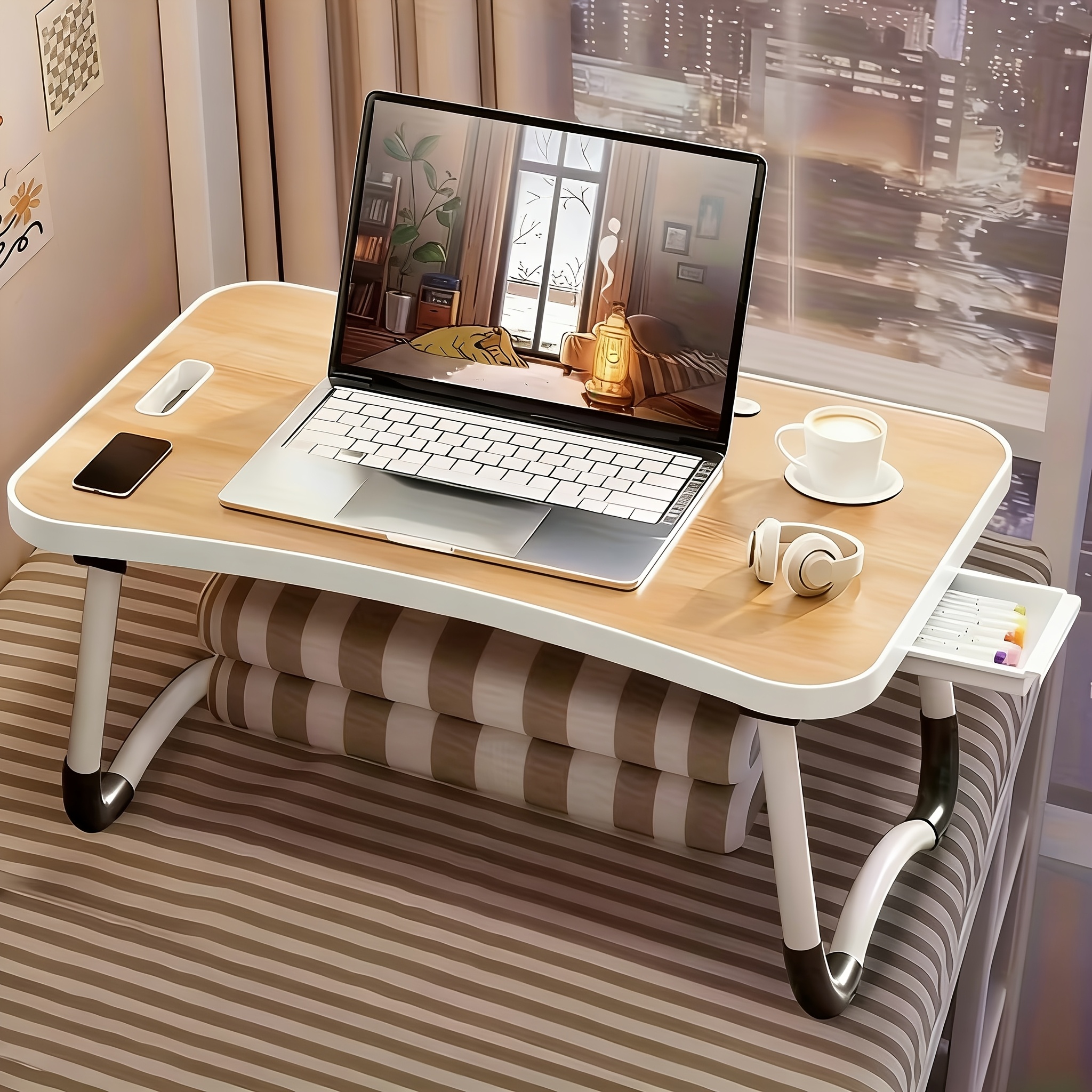 laptop bed desk table tray stand with cup holder drawer for bed sofa couch study reading writing on low sitting floor large portable foldable lap desk bed trays for eating and laptops