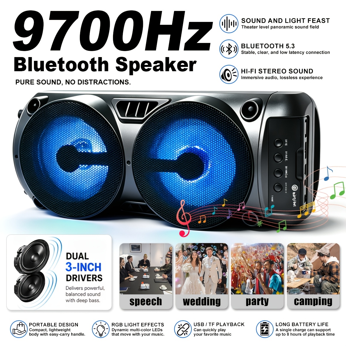 Image of Portable Wireless Wireless Speaker With Dual 3-inch Subwoofer, Pa Amplifier & Suitable For Theater, Parties, Usb/aux/fm/tws , Compatible For Smartphones/tablets/pc/laptop, Stand Function & Disco