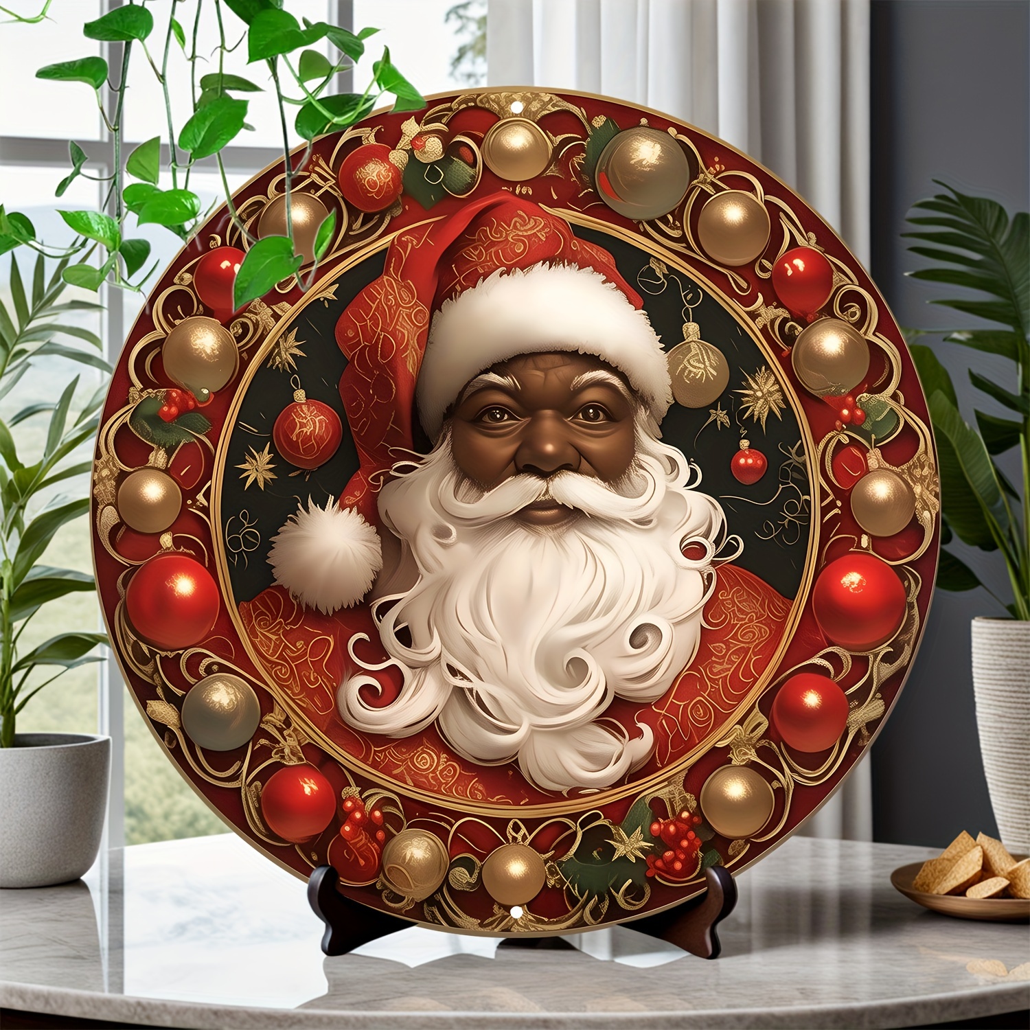 

Santa Claus Round Aluminum Wall Art - 8x8 Inch Decorative Sign For Home, Office, Bathroom, Bedroom, Garage & Cafe - Holiday Decor