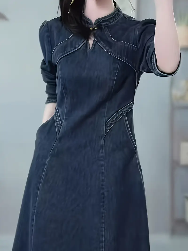 chinese denim dress Summer Denim dress with Reduced Age Bubble Sleeves and Printed for Young Girls