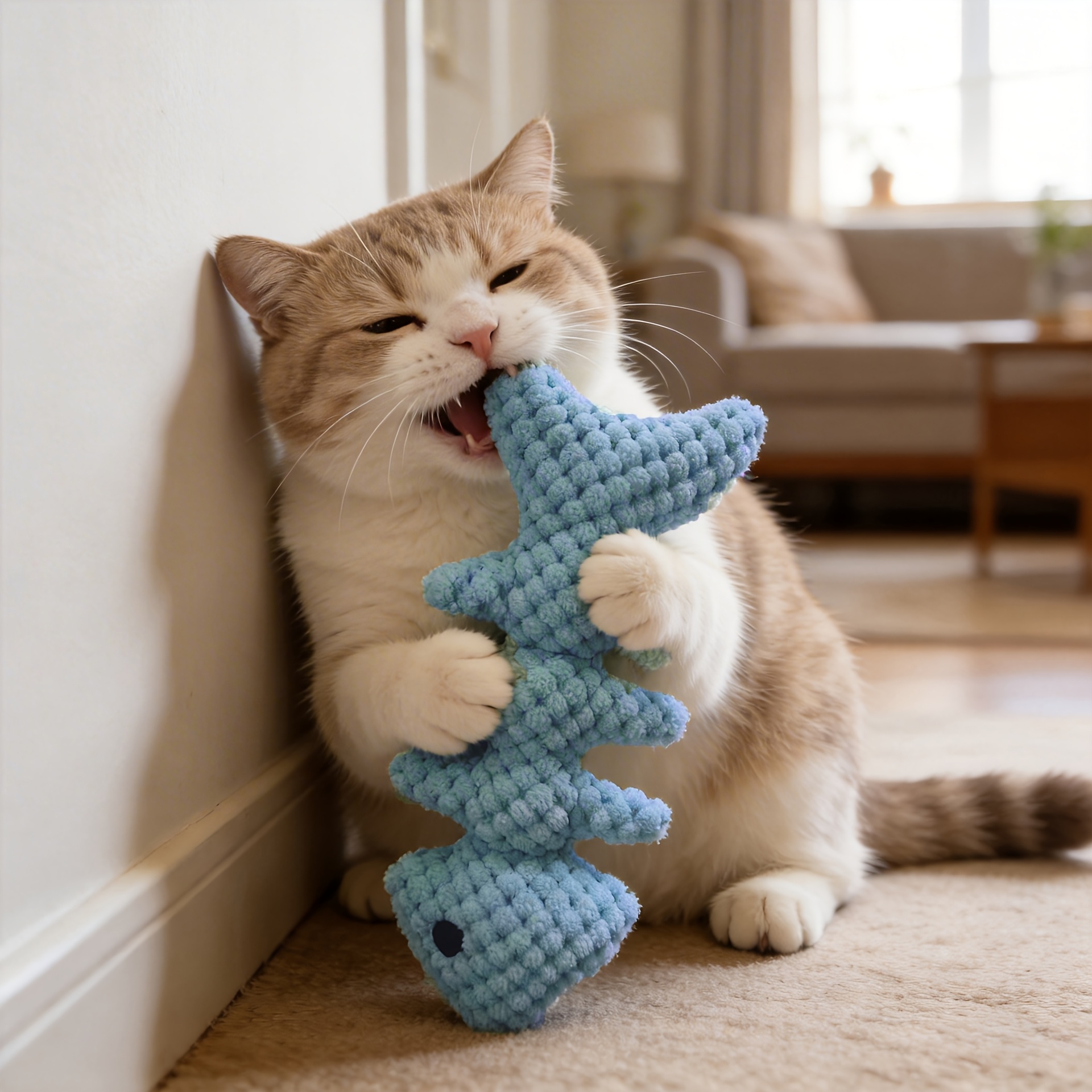 Image of Fishbone Cat Squeaky Plush Toy, Chewable Teeth-cleaning Cat Toy, Interactive Companion Cat Toy, Fishbone Cat Toy, Sturdy And Durable Cat Toy, Cat Chew Toy, Interactive Toy