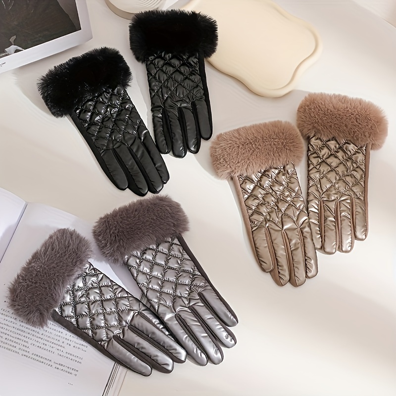 

Women's Fashion Warm Gloves, Faux Fur Trim, Casual Versatile, All-season Outdoor Split Finger Gloves, Polyester Knit Material, Hand Wash Only