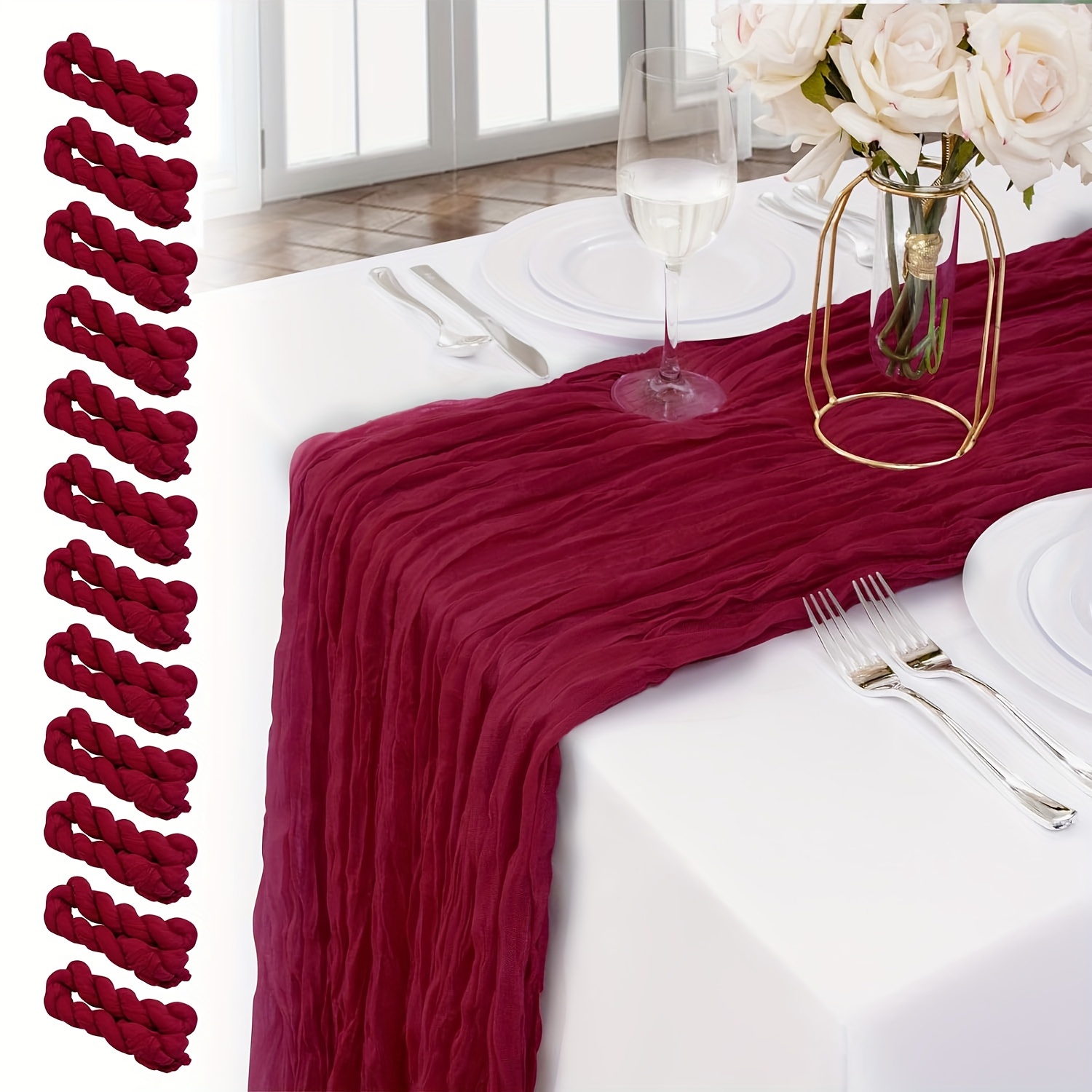

12 Pack 10ft Burgundy Cheesecloth Table Runner - Table Runner 120 Inches Long Boho Gauze Cheesecloth Table Runner Romantic - 35x120 Inch Table Runner For Wedding, Bridal Shower, Birthday Party