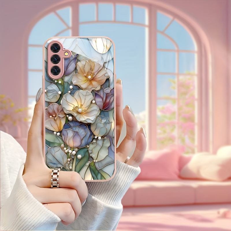 TEMU Metallic Paint Tempered Glass Phone Case For Galaxy