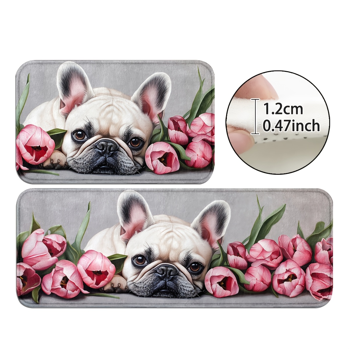 

French Bulldog And Tulips Door Mat, Non-slip Washable Polyester Indoor Entrance Rug, Lightweight Rectangle Machine Made Decor For Entryway, Kitchen, Bathroom - Design