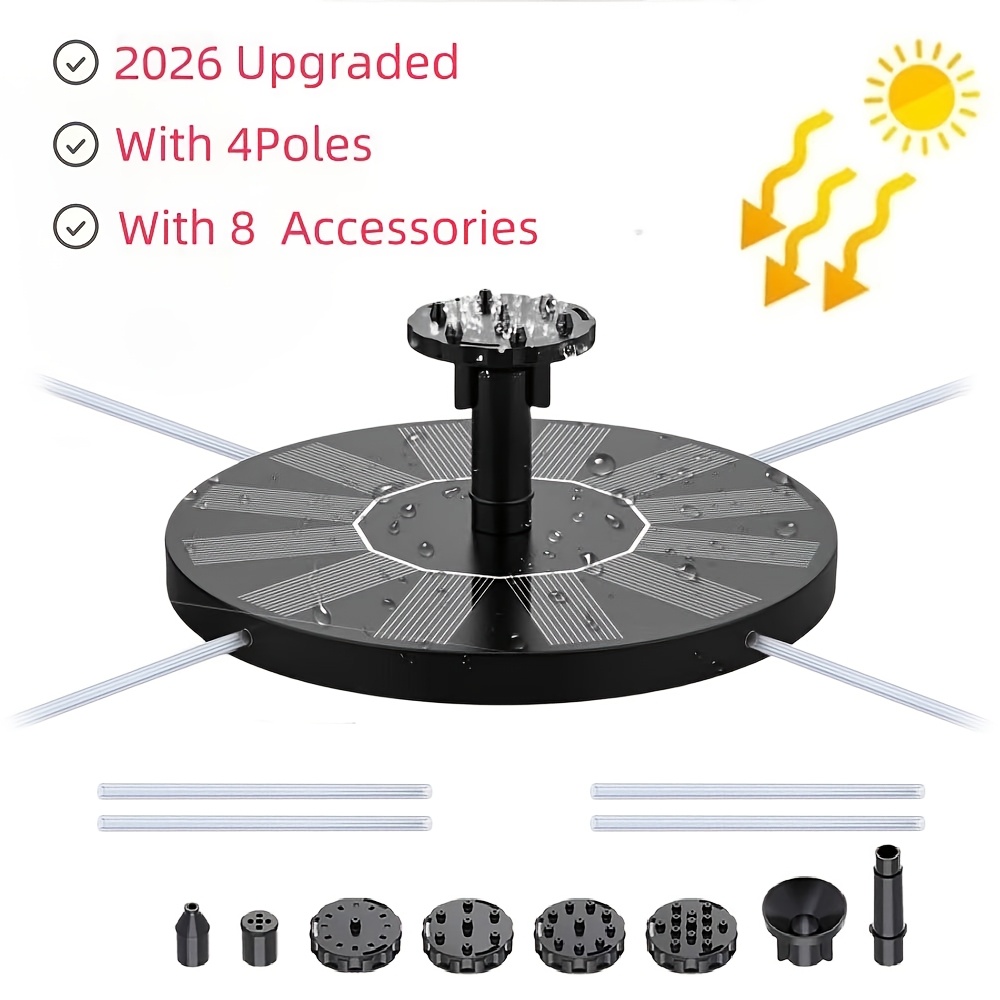 E-shop Solarbetriebene schwimmende Springbrunnenpumpe mit verbesserten Stangen, IPX8 Solar Vogeltränke Springbrunnen Wasserpumpe mit 8 Erweiterungen,