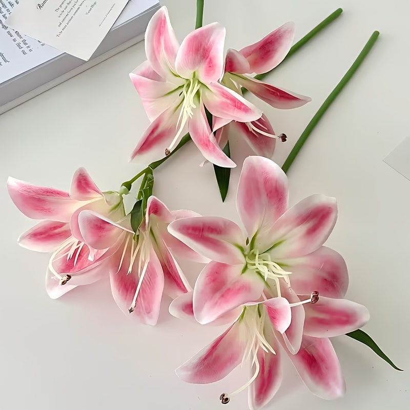 Image of 3pcs Artificial Lilies, Including Artificial Lilies, Very Suitable For Home Decoration, Table Layout And Wedding Bouquet. Plastic Flowers Are Ideal For Patio Decoration And Can Add A To Any Scene