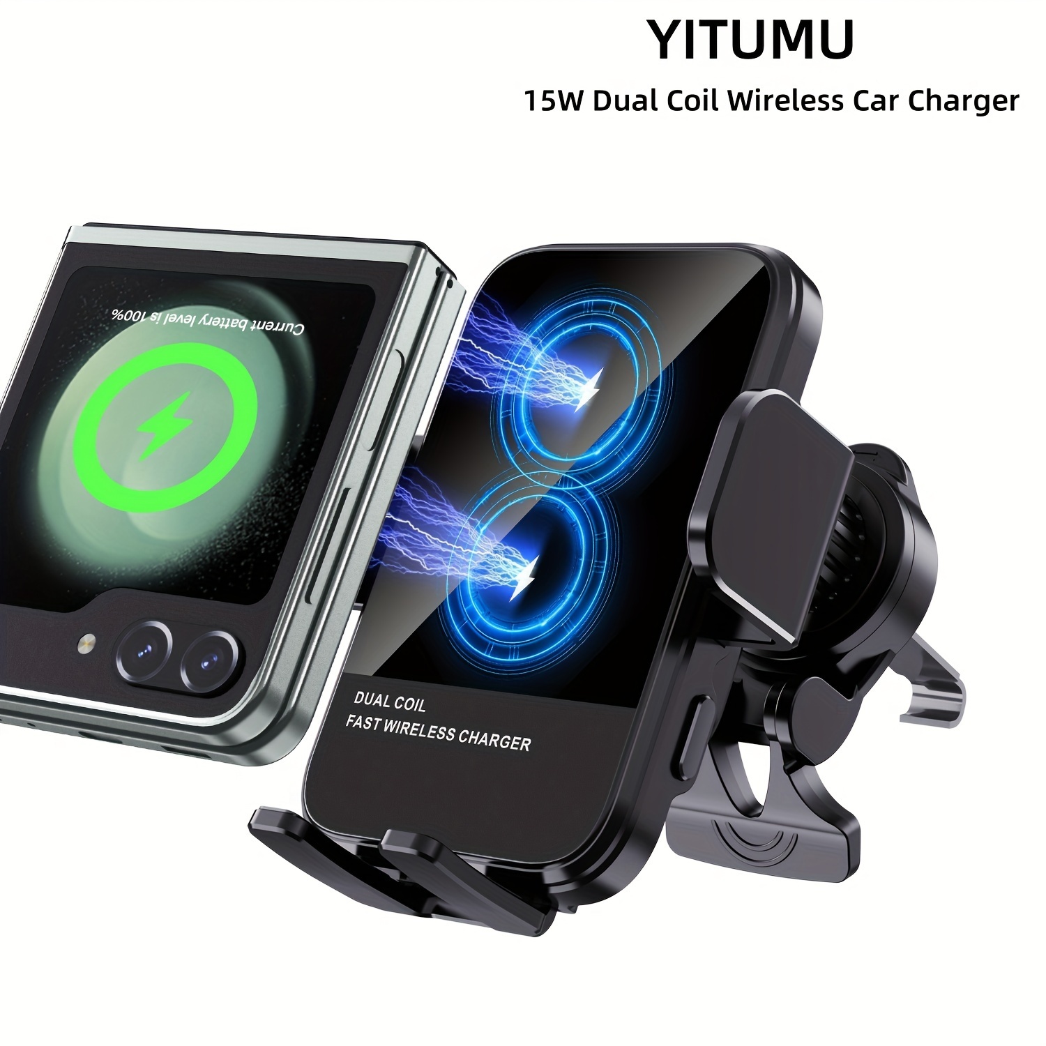 

powerdrive" Yitumu Wireless , Dual Coil 15w Qi Fast Chargingauto Clamping Vent Cradle, For Iphone, For , For Samsung Z Flip Series Foldable Mobile Phones Etc.