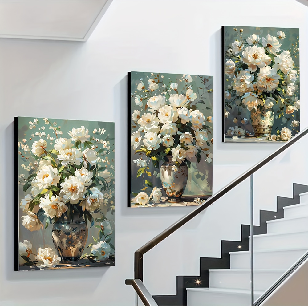 TEMU 3pcs White Floral Canvas Art Set, 16x24 Inch - Classic Contemporary Art , Encaustic Painting Wall Hanging Decor For Living Room, Bedroom, Home