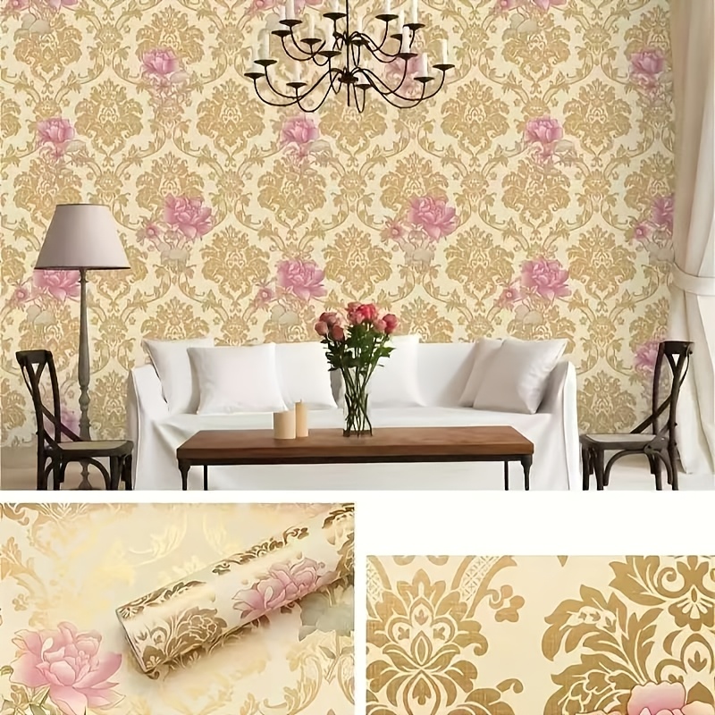 Image of Golden Floral Self-adhesive Wallpaper, Easy Decor For Bedroom, Living Room, Furniture Makeover - Removable Self-adhesive Contact Paper, Easy To Clean